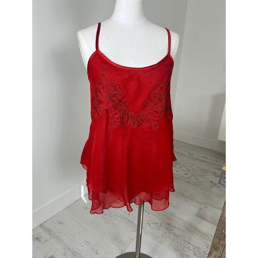 Newport News Red Sheer Embroidered Tiered Handkerchief Hem Camisole Top M